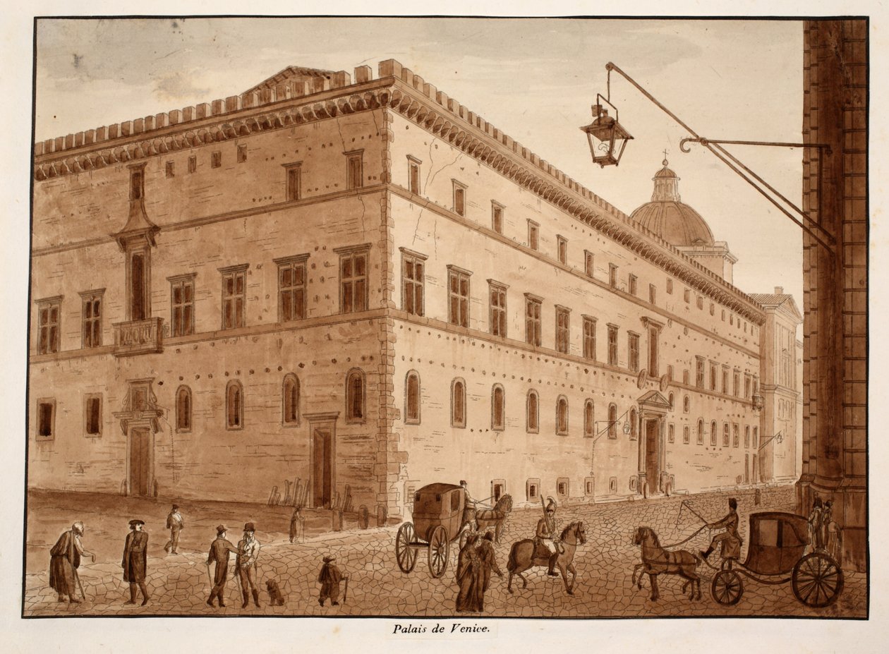 पलाज़ो डी वेनेज़िया, 1833 (ब्राउन वॉश के साथ नक़्क़ाशी) द्वारा एगोस्टिनो टोफ़ानेलि