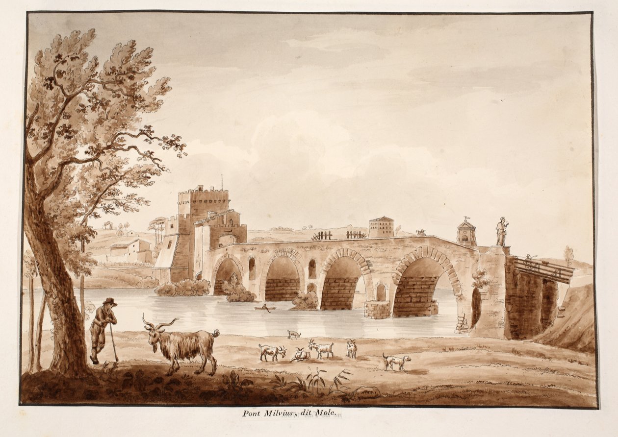 पोंटे मिल्वियो, या पोंटे मोले, 1833 (ब्राउन वॉश के साथ नक़्क़ाशी) द्वारा एगोस्टिनो टोफ़ानेलि