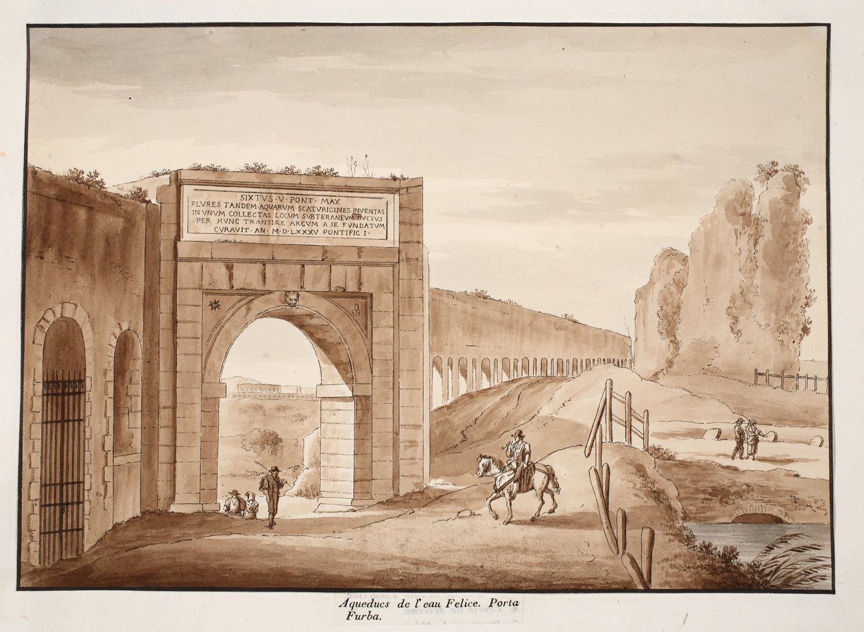 एक्वा फेलिस और पोर्टा फुर्बा, 1833 (ब्राउन वॉश के साथ नक़्क़ाशी) द्वारा एगोस्टिनो टोफ़ानेलि