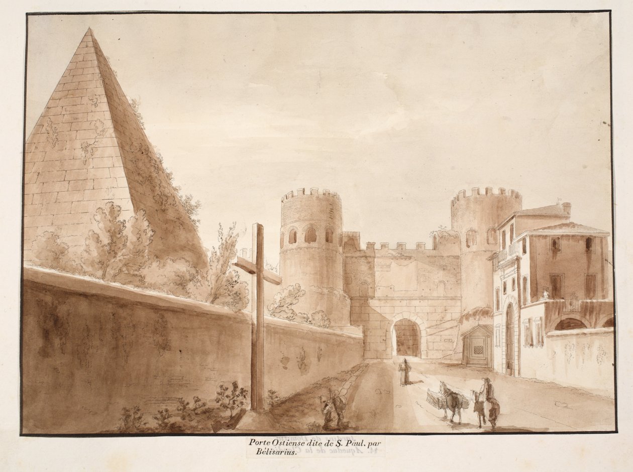 पोर्टा ओस्टिएन्सिस या सैन पाओलो, बेलिसियस द्वारा निर्मित, 1833 (ब्राउन वॉश के साथ उकेरा गया) द्वारा एगोस्टिनो टोफ़ानेलि