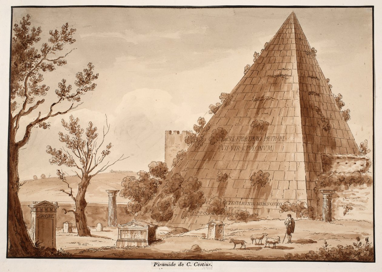 सी। कैस्टियस का पिरामिड, 1833 (ब्राउन वॉश के साथ नक़्क़ाशी) द्वारा एगोस्टिनो टोफ़ानेलि