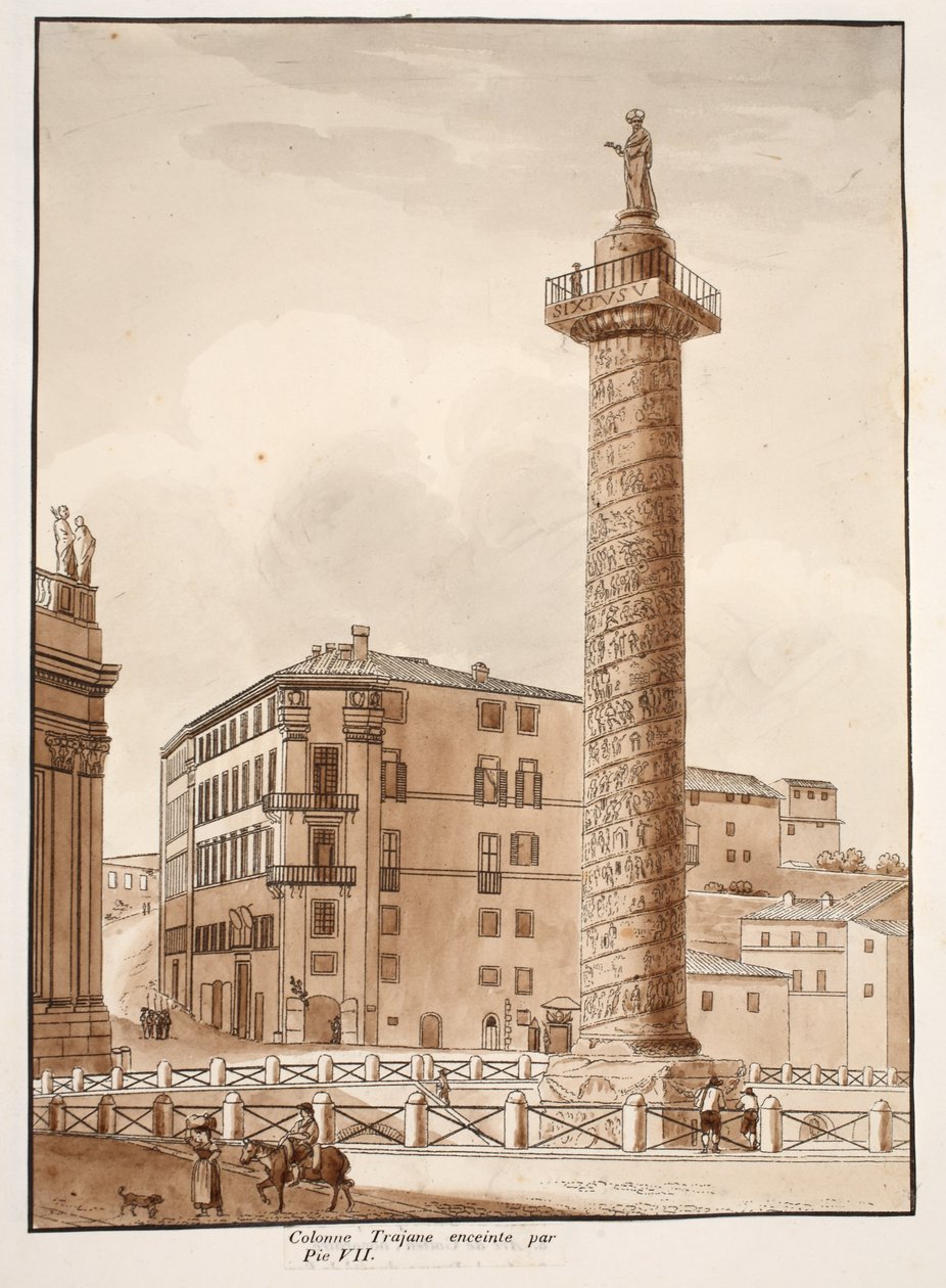 ट्राजन का स्तंभ, Pius VII, 1833 (भूरे रंग के धुएँ के साथ नक़्क़ाशी) द्वारा बाड़ से घिरा हुआ द्वारा एगोस्टिनो टोफ़ानेलि