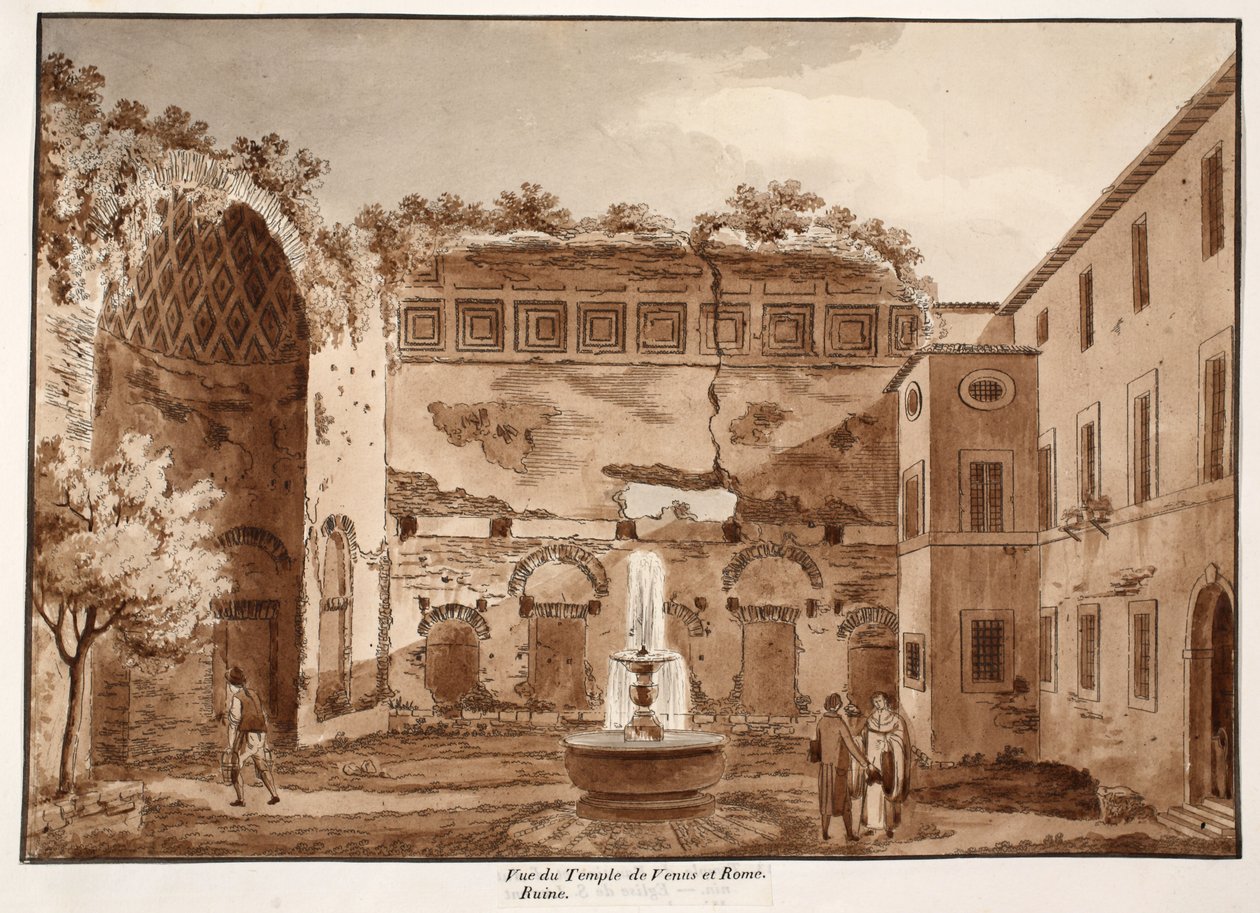 वीनस और रोम के मंदिर का दृश्य, खंडहर, 1833 (भूरे रंग के धुएँ के साथ नक्काशी) द्वारा एगोस्टिनो टोफ़ानेलि