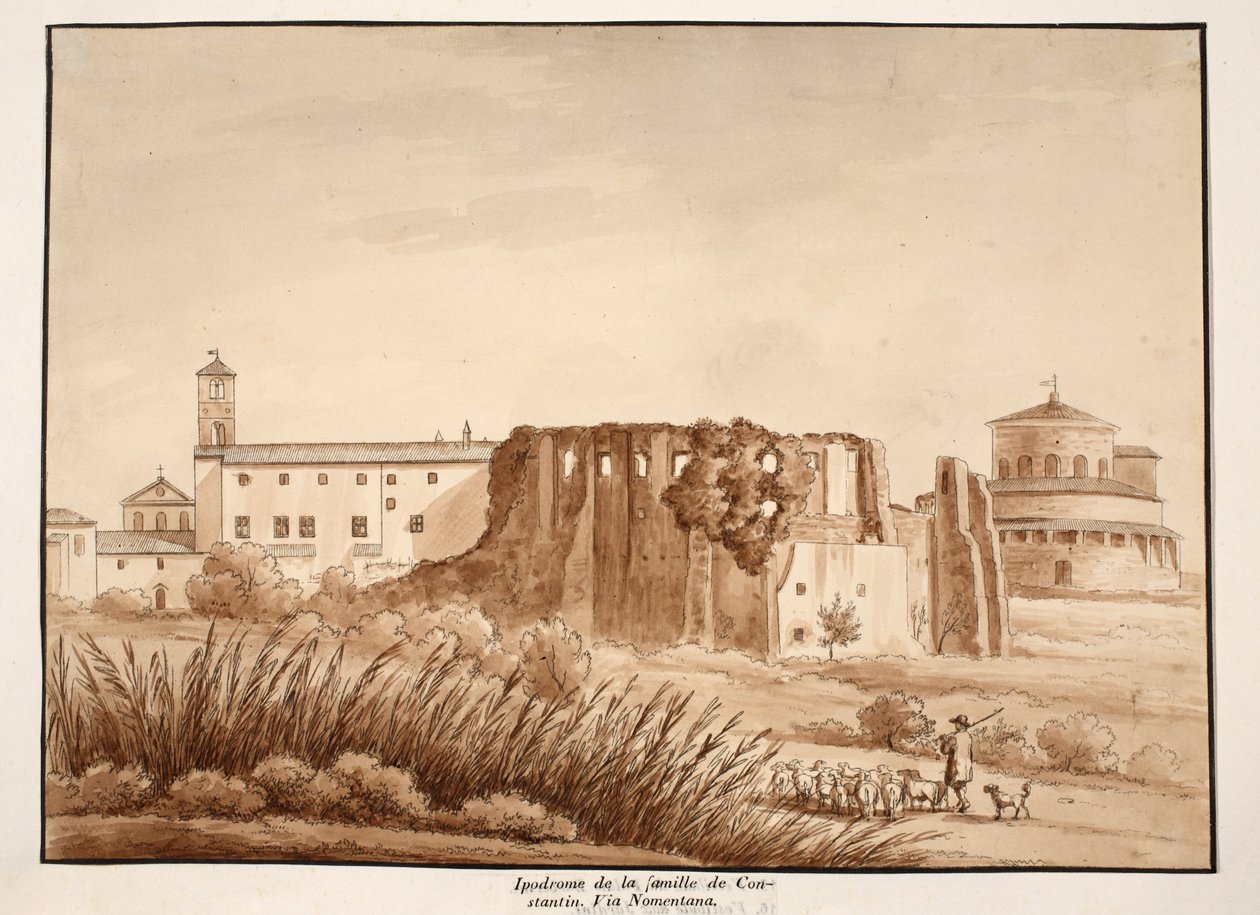 कॉन्स्टेंटाइन के परिवार के हिप्पोड्रोम, वाया नोमेंटाना, 1833 (ब्राउन वॉश के साथ नक़्क़ाशी) द्वारा एगोस्टिनो टोफ़ानेलि