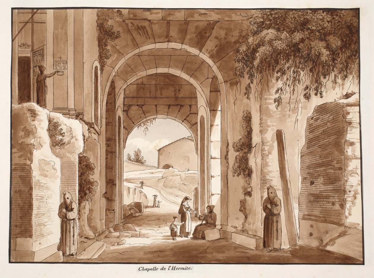 1833 में कोलोसियम में हर्मिट के चैपल (भूरे रंग के धुएँ के साथ नक़्क़ाशी) द्वारा एगोस्टिनो टोफ़ानेलि