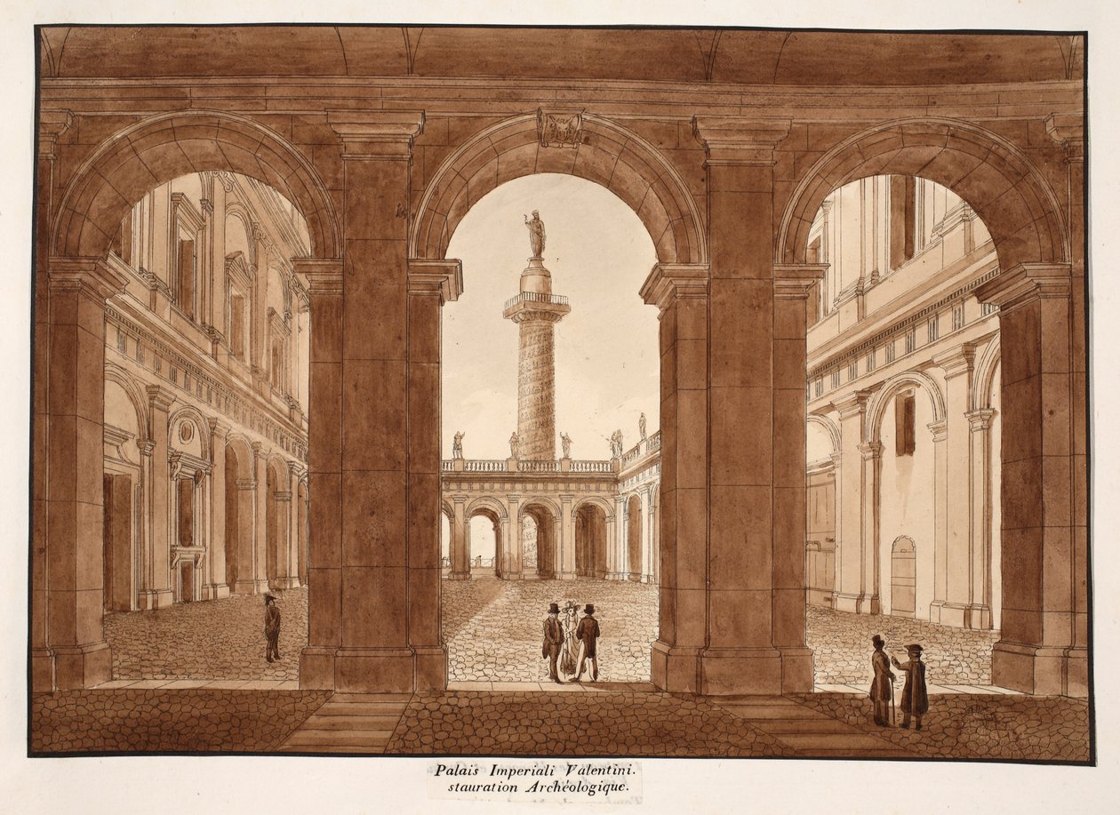पलाज़ो इम्पीरियलि वैलेंटिनी। पुरातात्विक बहाली, 1833 (ब्राउन वॉश के साथ नक़्क़ाशी) द्वारा एगोस्टिनो टोफ़ानेलि