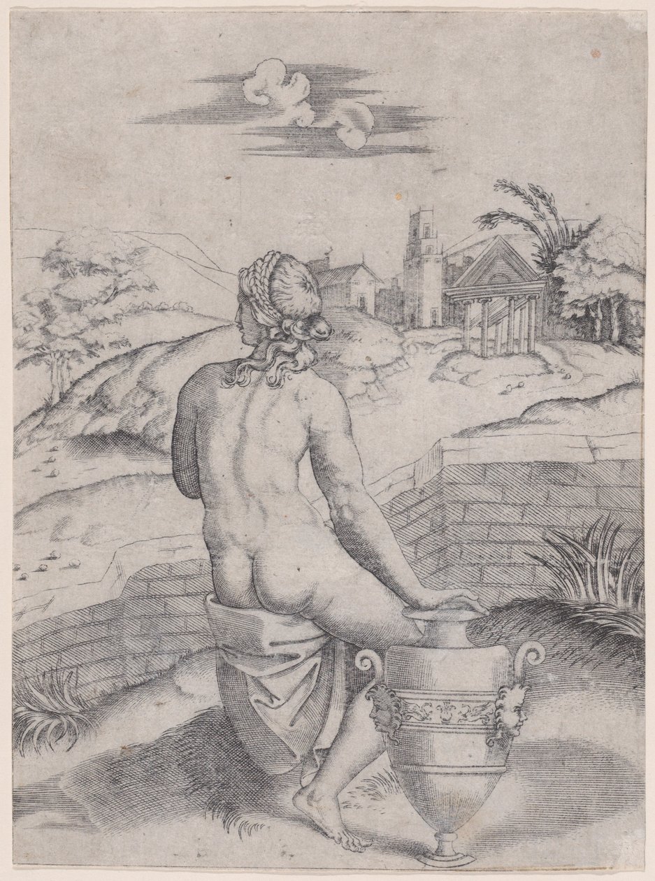 फूलदान के पास बैठी महिला, लगभग। 1514-36। द्वारा एगोस्टिनो वेनेज़ियानो
