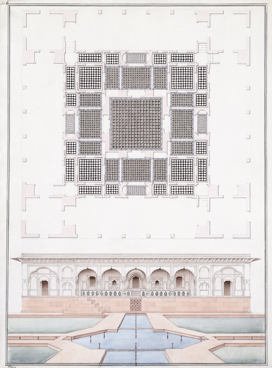 डीग में सूरज भवन के दक्षिण सामने और गार्डन पैलेस की ऊँचाई, c.1830 (पेंसिल, पेन और ग्रे स्याही और वॉटरकलर) द्वारा आगरा स्कूल