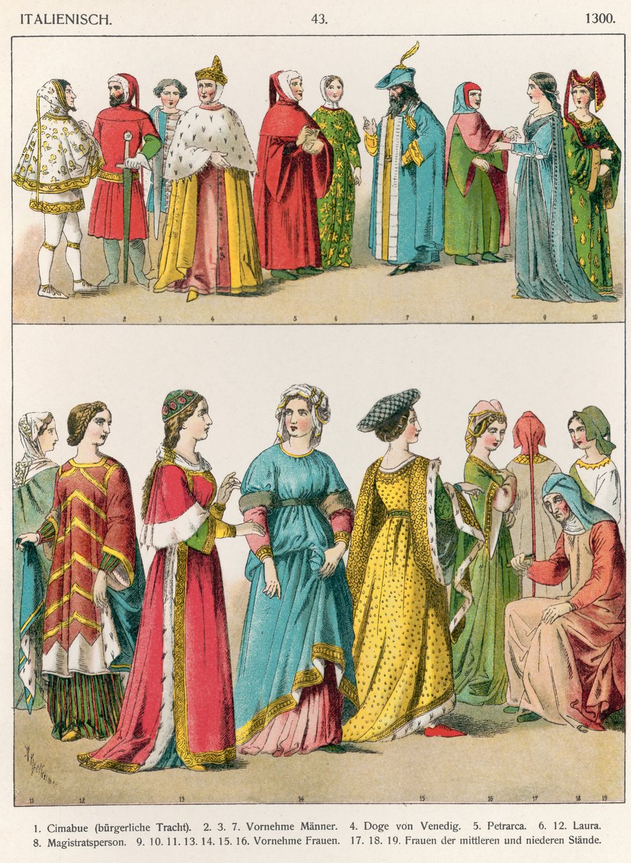 इटैलियन ड्रेस, c.1300, &39;ट्रैचेन डेर वोल्कर&39;, 1864 (रंगीन लिथोग्राफ) से द्वारा अल्बर्ट क्रेश्चमर