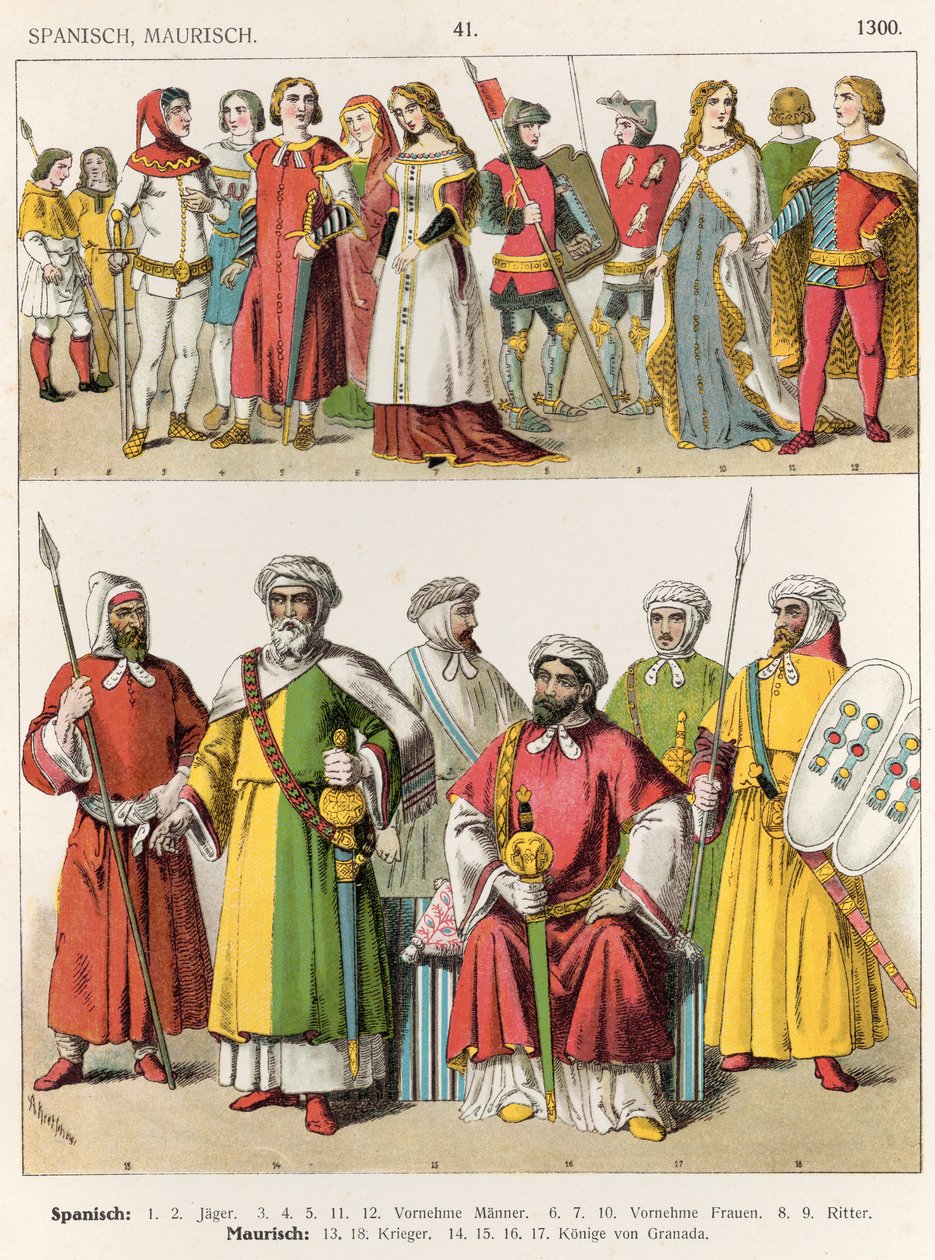 स्पेनिश और मूरिश ड्रेस, c.1300, &39;ट्रेचेन डेर वोल्कर&39;, 1864 (रंगीन लिथोग्राफ) द्वारा अल्बर्ट क्रेश्चमर