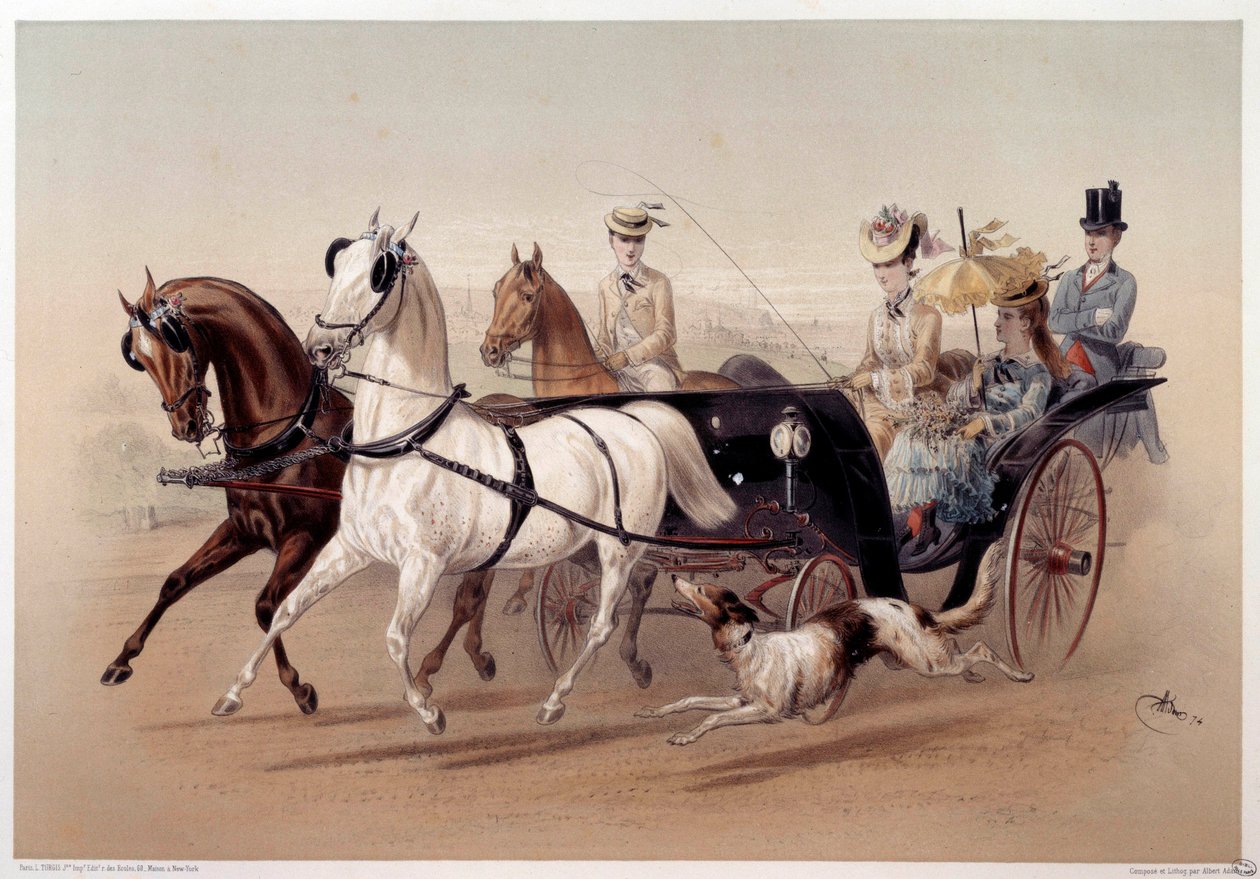 एक विक्टोरिया कार और टार्ब्स के घोड़े अल्बर्ट एडम (1833-?) द्वारा 19वीं सदी के पेरिस, मुसी कार्नावलेट द्वारा मुद्रित द्वारा अल्बर्ट एडम