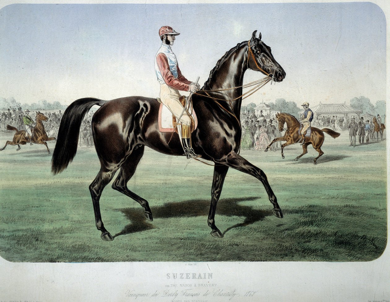 रेसिंग: "" सुजरेन, 1868 में चैंटिली डर्बी के विजेता"" अल्बर्ट एडम द्वारा लिथोग्राफी (1833-?) निजी संग्रह द्वारा अल्बर्ट एडम