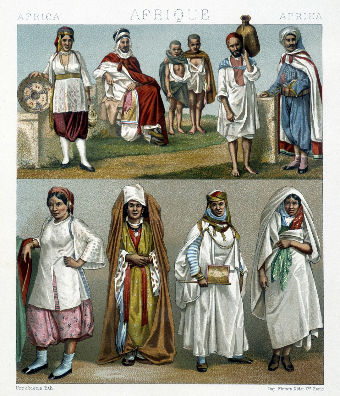 बर्बर पोशाक (अफ्रीका)। Racinet . द्वारा "" ऐतिहासिक पोशाक "" में चित्रण द्वारा अल्बर्ट चार्ल्स अगस्त रेसिनेट