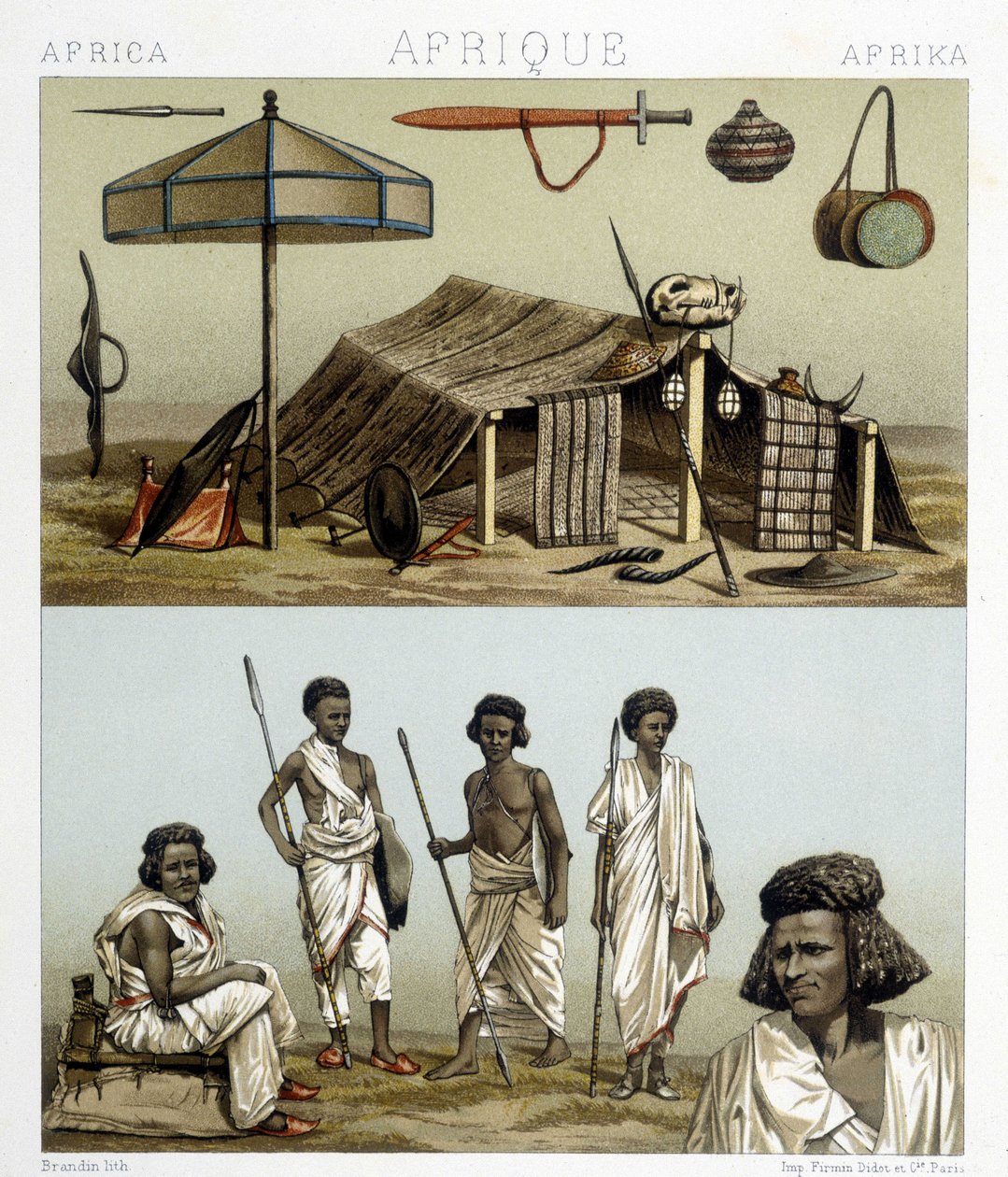 नूबिया से शिविर और पारंपरिक कपड़े। रैसिनेटा द्वारा "" ले कॉस्ट्यूम हिस्टोरिक "" में चित्रण द्वारा अल्बर्ट चार्ल्स अगस्त रेसिनेट