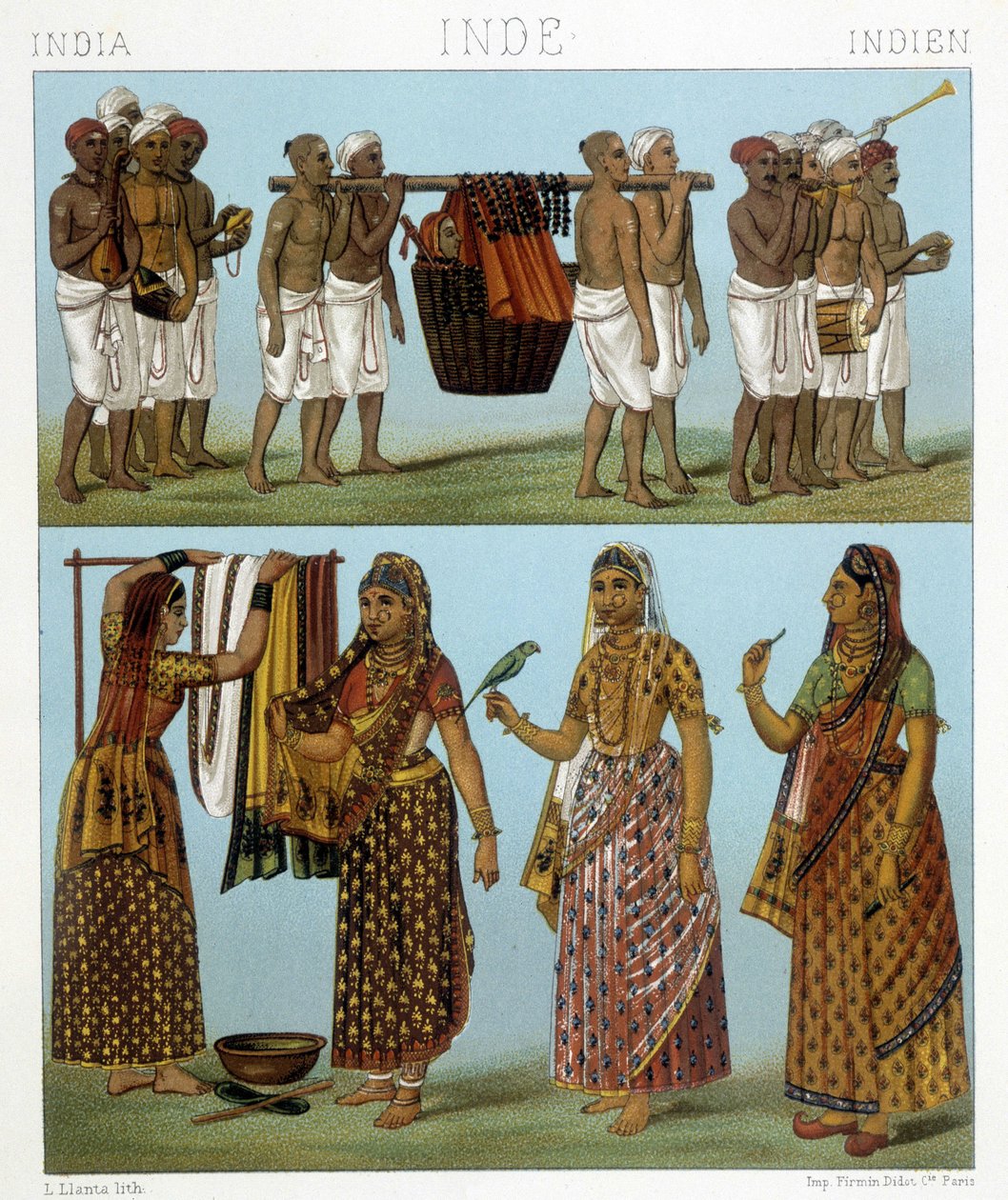 भारत में अंतिम संस्कार (तस्वीर के ऊपर) और कपड़े धोने (तस्वीर के नीचे)। रैसिनेटा द्वारा "" ले कॉस्ट्यूम हिस्टोरिक "" में चित्रण द्वारा अल्बर्ट चार्ल्स अगस्त रेसिनेट