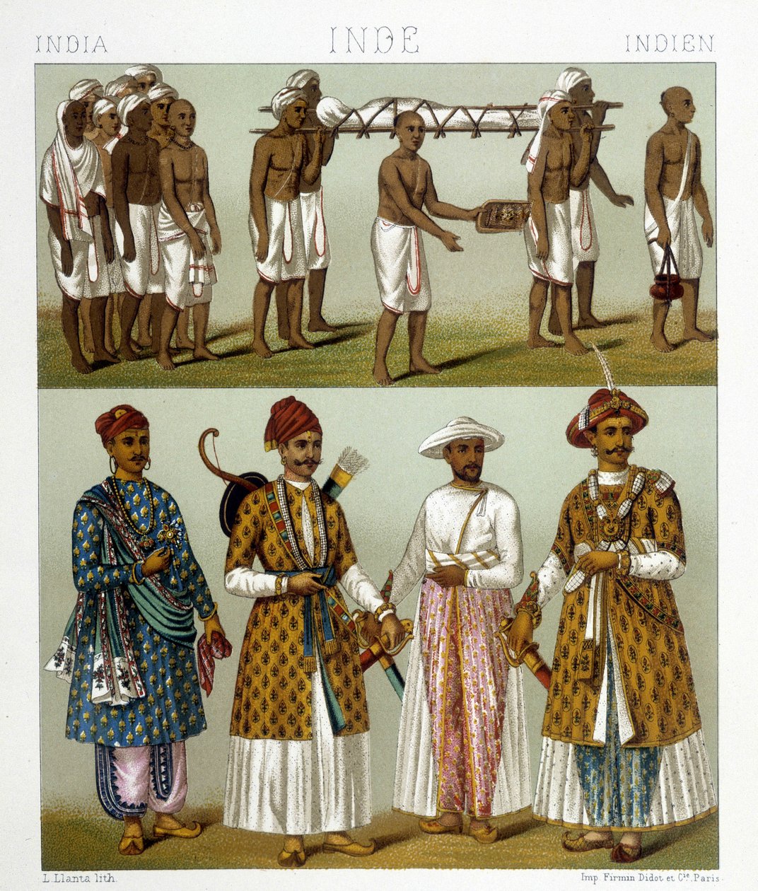 भारत में अंतिम संस्कार (तस्वीर के ऊपर) और व्यापारी (तस्वीर के नीचे)। रैसिनेटा द्वारा "" ले कॉस्ट्यूम हिस्टोरिक "" में आरेखण द्वारा अल्बर्ट चार्ल्स अगस्त रेसिनेट