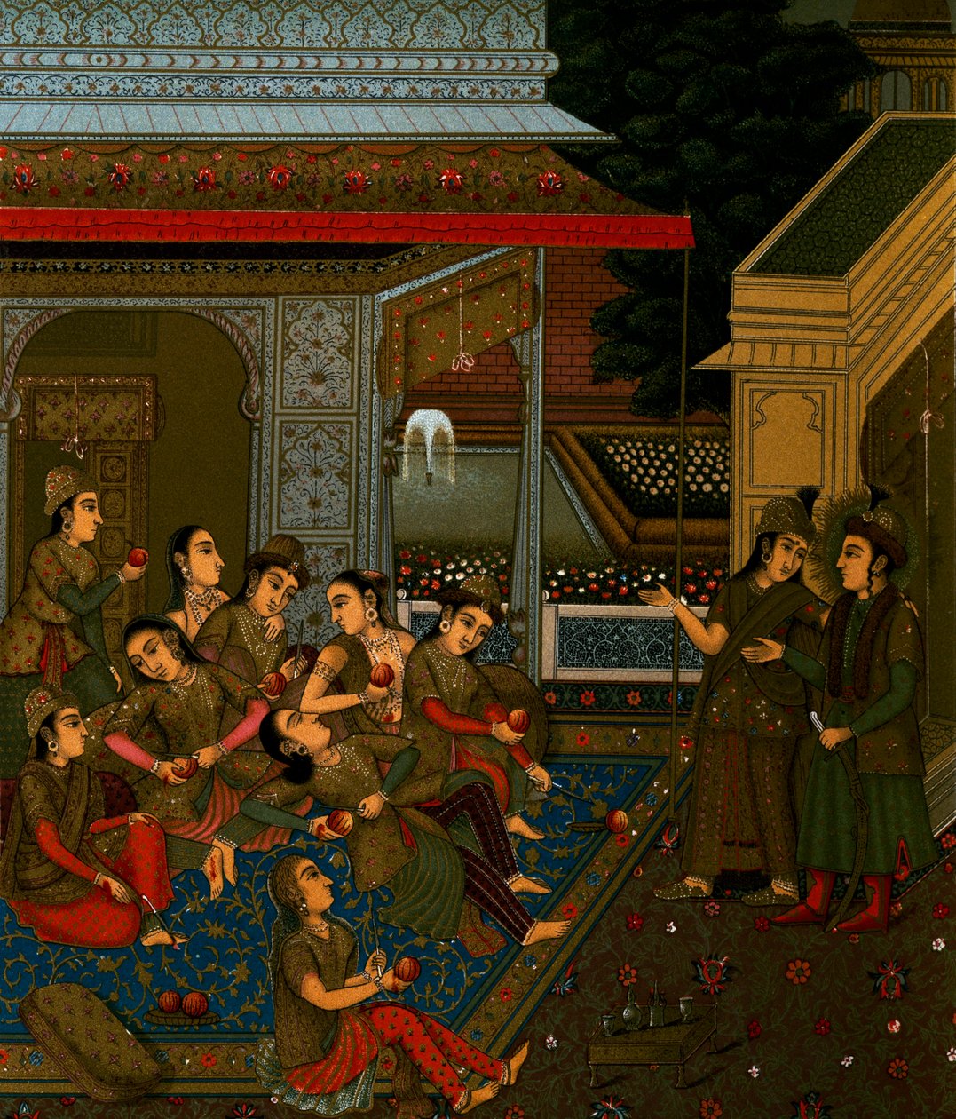 अगस्टे रैसिनेट (1825-1893) द्वारा महिलाओं के घर का भीतरी आंगन, ली कॉस्टयूम हिस्टोरिक से लिथोग्राफ, खंड I द्वारा अल्बर्ट चार्ल्स अगस्त रेसिनेट
