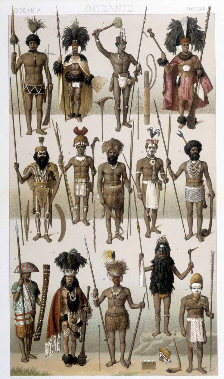 ओशिनिया के स्वदेशी लोगों की पारंपरिक वेशभूषा। रैसिनेटा द्वारा "" ले कॉस्ट्यूम हिस्टोरिक "" में चित्रण द्वारा अल्बर्ट चार्ल्स अगस्त रेसिनेट