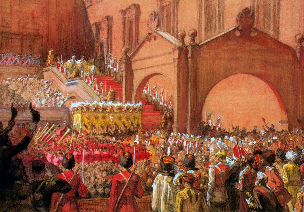 1896 में राज्याभिषेक के बाद लाल बरामदे पर सम्राट निकोलस द्वितीय। द्वारा अल्बर्ट गुस्ताफ एरिस्टाइड्स एडेलफेल्ट