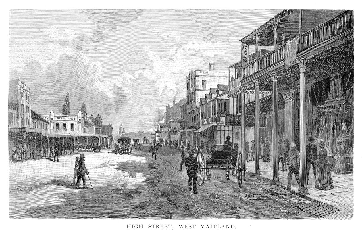 हाई स्ट्रीट, वेस्ट मैटलैंड, न्यू साउथ वेल्स, ऑस्ट्रेलिया, 1886। द्वारा अल्बर्ट हेनरी फुलवुड