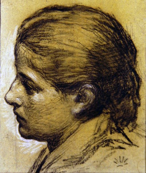 एक लड़की के सिर का अध्ययन, c.1870 (नीले कागज पर लच्छेदार लकड़ी का कोयला) द्वारा अल्बर्ट जोसेफ मूर