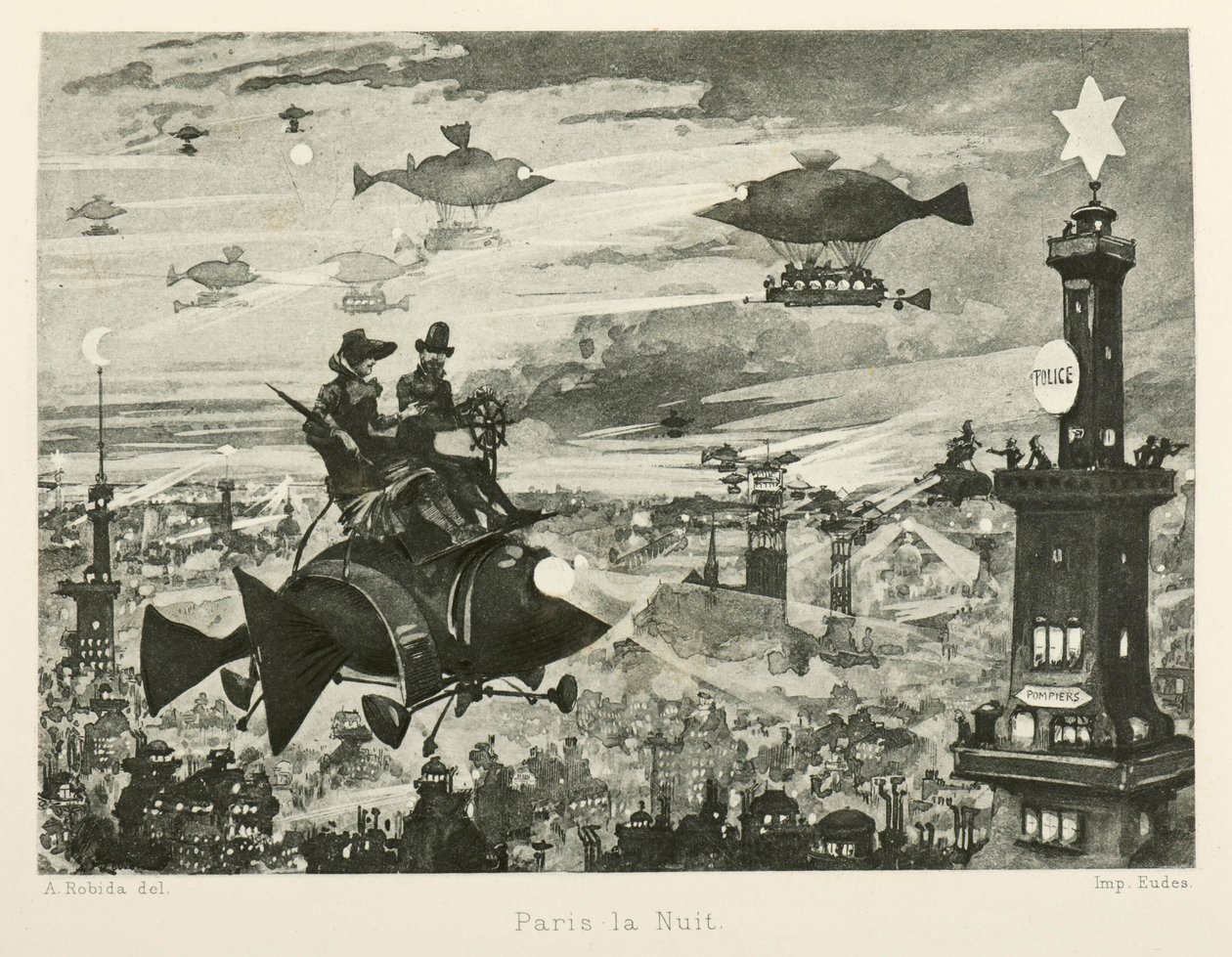 रात में पेरिस, बीसवीं सदी, 1880। द्वारा अल्बर्ट रोबिडा