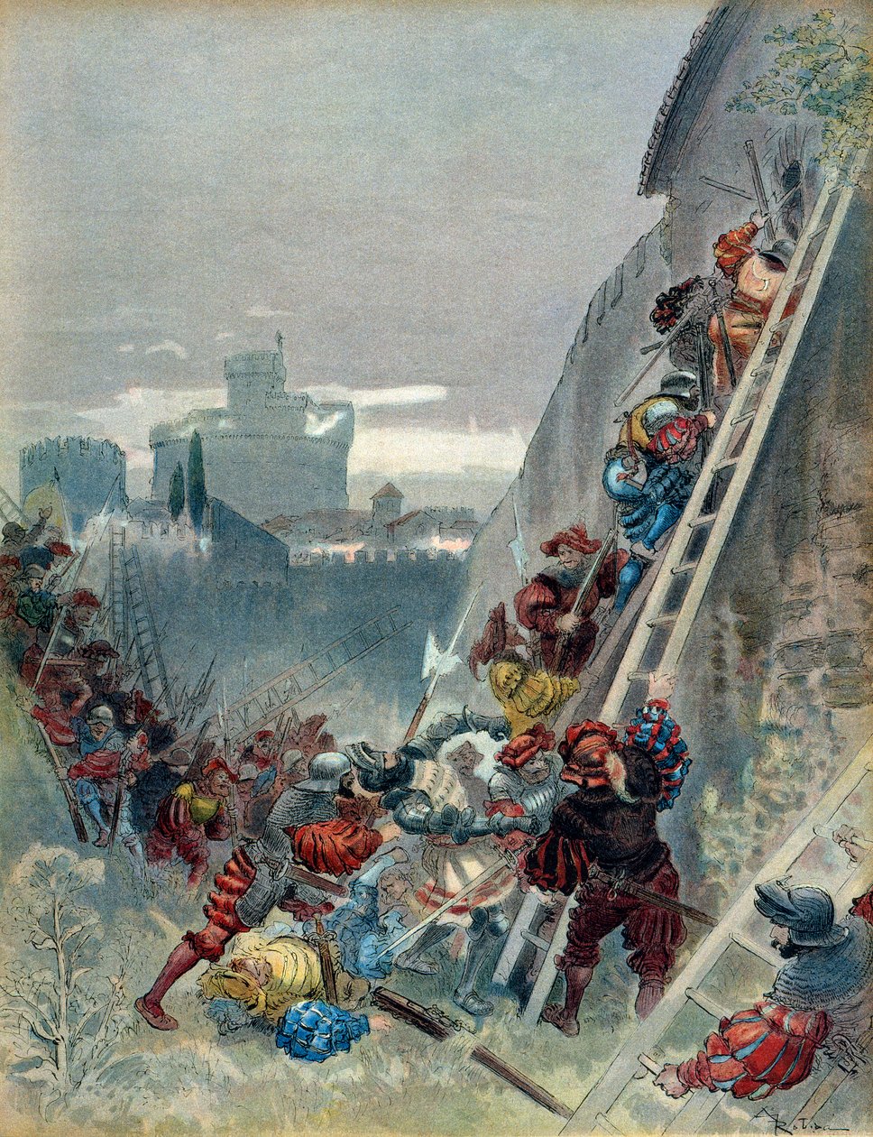 सातवां इतालवी युद्ध (1526-1529): 6 मई 1527 को रोम की घेराबंदी में बॉर्बन (1490-1527) के चार्ल्स III की मृत्यु। चित्रण द्वारा अल्बर्ट रोबिडा