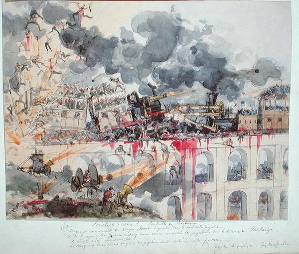 Barbarigo की लड़ाई, 'La Guerre au XXeme Siecle' से (कागज पर पानी के रंग का) द्वारा अल्बर्ट रोबिडा