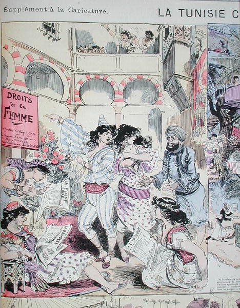 ट्यूनीशिया में 'द राइट्स ऑफ वीमेन', 'ले कैरिकेचर' 1883 से कार्टून (कलर लिथो) द्वारा अल्बर्ट रोबिडा