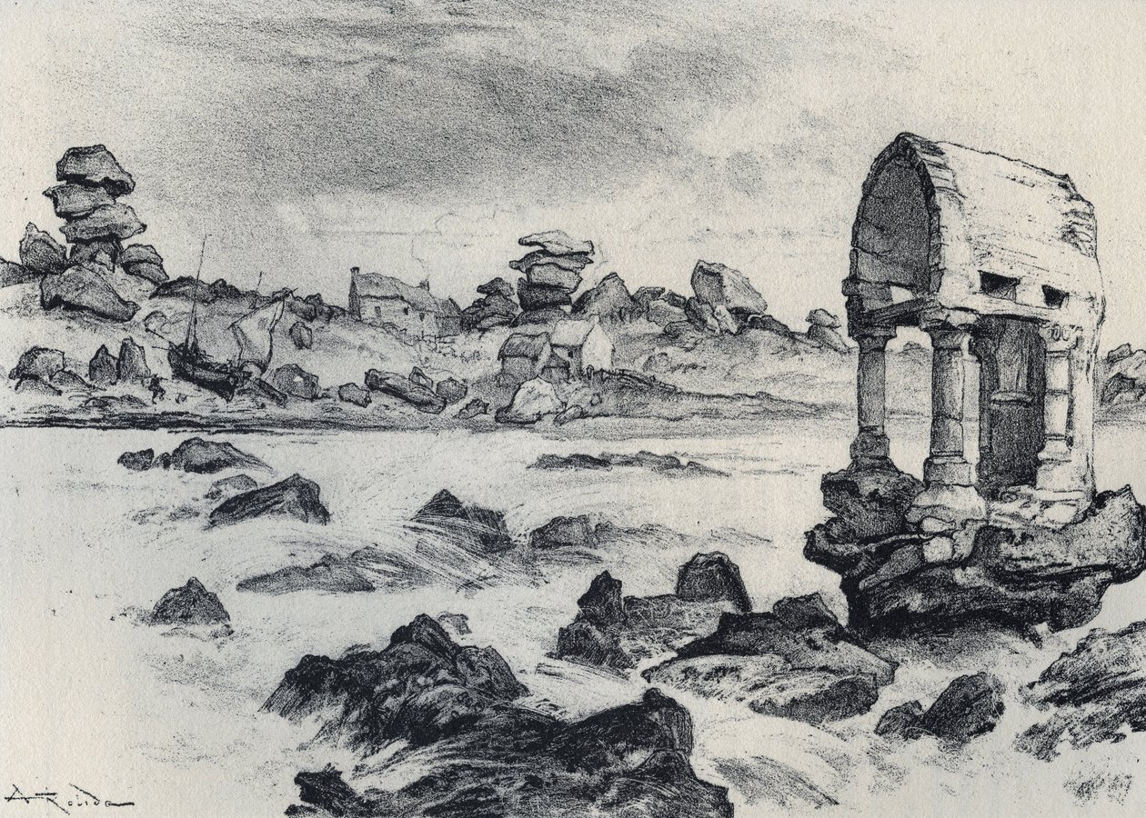 चैपल सेंट गुइरेक ए प्लौमनाच (प्लौमनैक'ह) (सेंट गुइरेक की वक्तृत्व कला) - पुराना फ्रांस - ब्रिटनी - पाठ, चित्र और लिथोग्राफ, अल्बर्ट रोबिडा द्वारा (1848-1926) 19 वीं शताब्दी का अदिनांकित अंत द्वारा अल्बर्ट रोबिडा