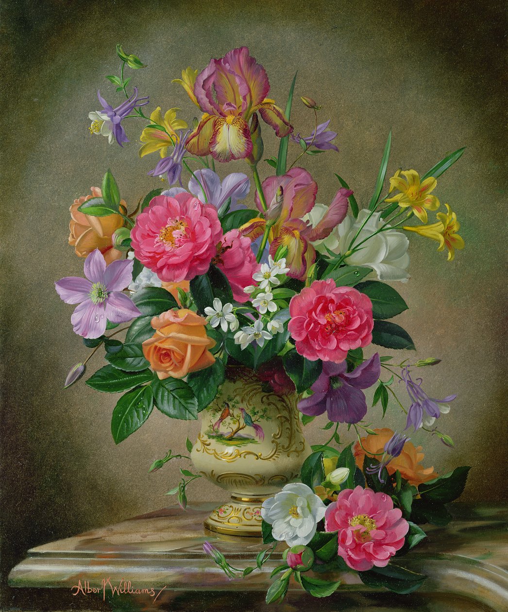 Peonies और irises एक सिरेमिक फूलदान में द्वारा अल्बर्ट विलियम्स