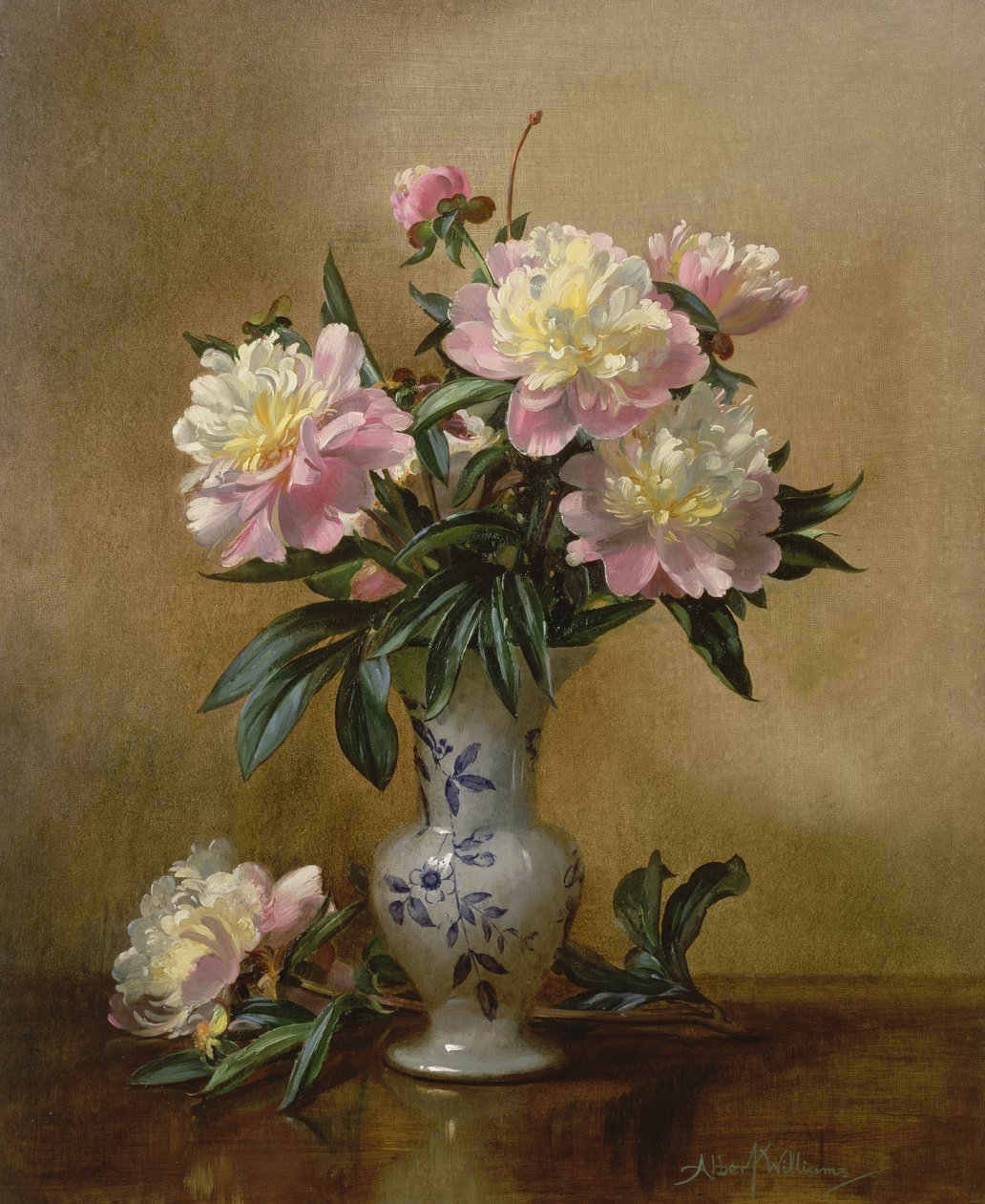 एक नीले और सफेद फूलदान में Peonies द्वारा अल्बर्ट विलियम्स