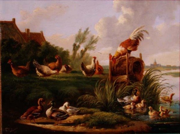 एक नदी के किनारे पर बत्तख और मुर्गी द्वारा अल्बर्टस वर्होसेन