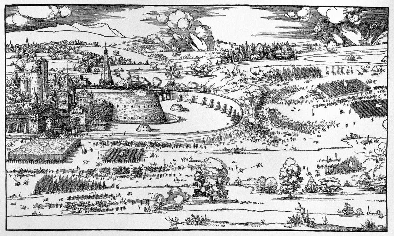 एक घिरे हुए सेना के खिलाफ एक शहर की रक्षा के लिए रक्षात्मक उपायों का प्रदर्शन, कलाकार के ग्रंथ से एक प्लेट के बाएं हाथ का विस्तार &39;कस्बों, महल और स्थानों के किले के बारे में शिक्षण&39; द्वारा अल्ब्रेक्ट ड्यूरर