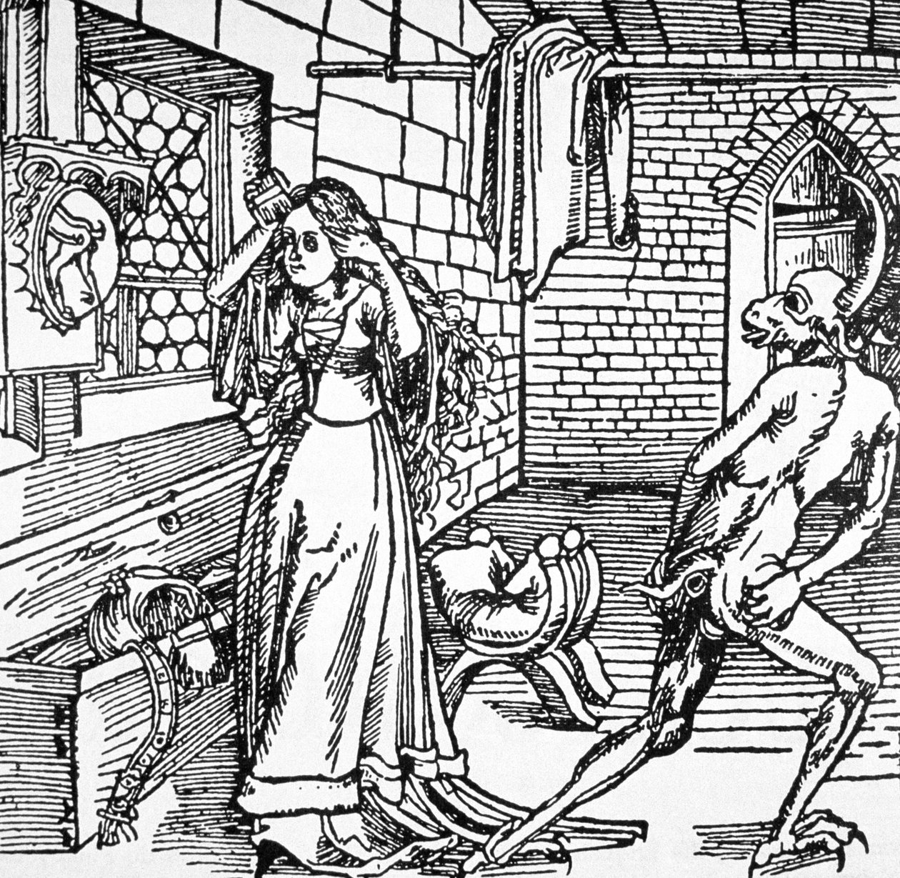 द डेविल एंड द कोक्विट, &39;डेर रिटर वॉन टरम&39;, ऑग्सबर्ग 1498, &39;हिस्ट्री ऑफ मैजिक&39; में प्रयुक्त एक चित्रण की प्रतिलिपि, 19 वीं सदी के अंत में प्रकाशित (418916 देखें) द्वारा अल्ब्रेक्ट ड्यूरर