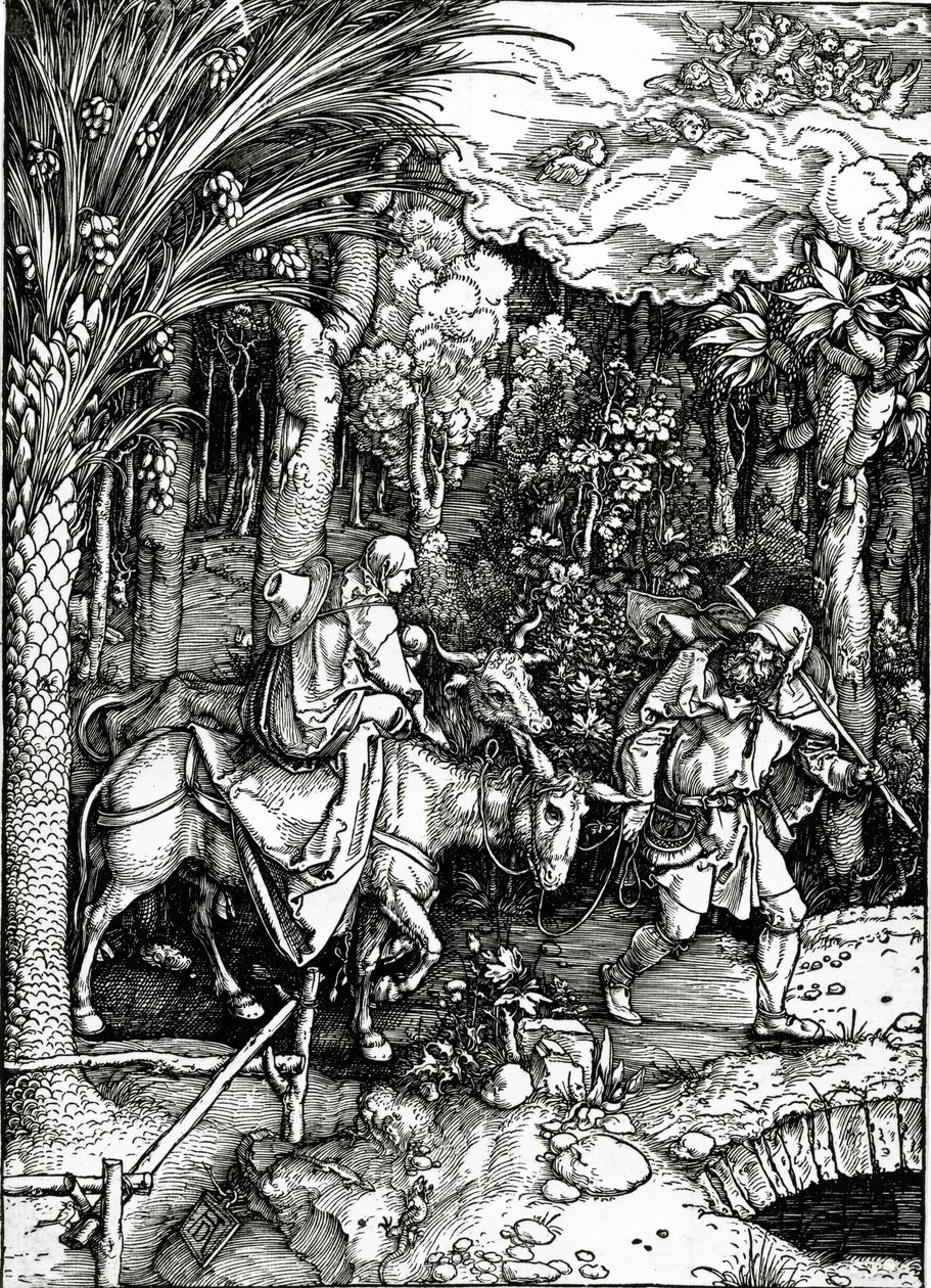 द फ़्लाइट इन इजिप्ट, 'लाइफ ऑफ़ द वर्जिन' सीरीज़ से, 1511 में प्रकाशित (वुडकट) द्वारा अल्ब्रेक्ट ड्यूरर