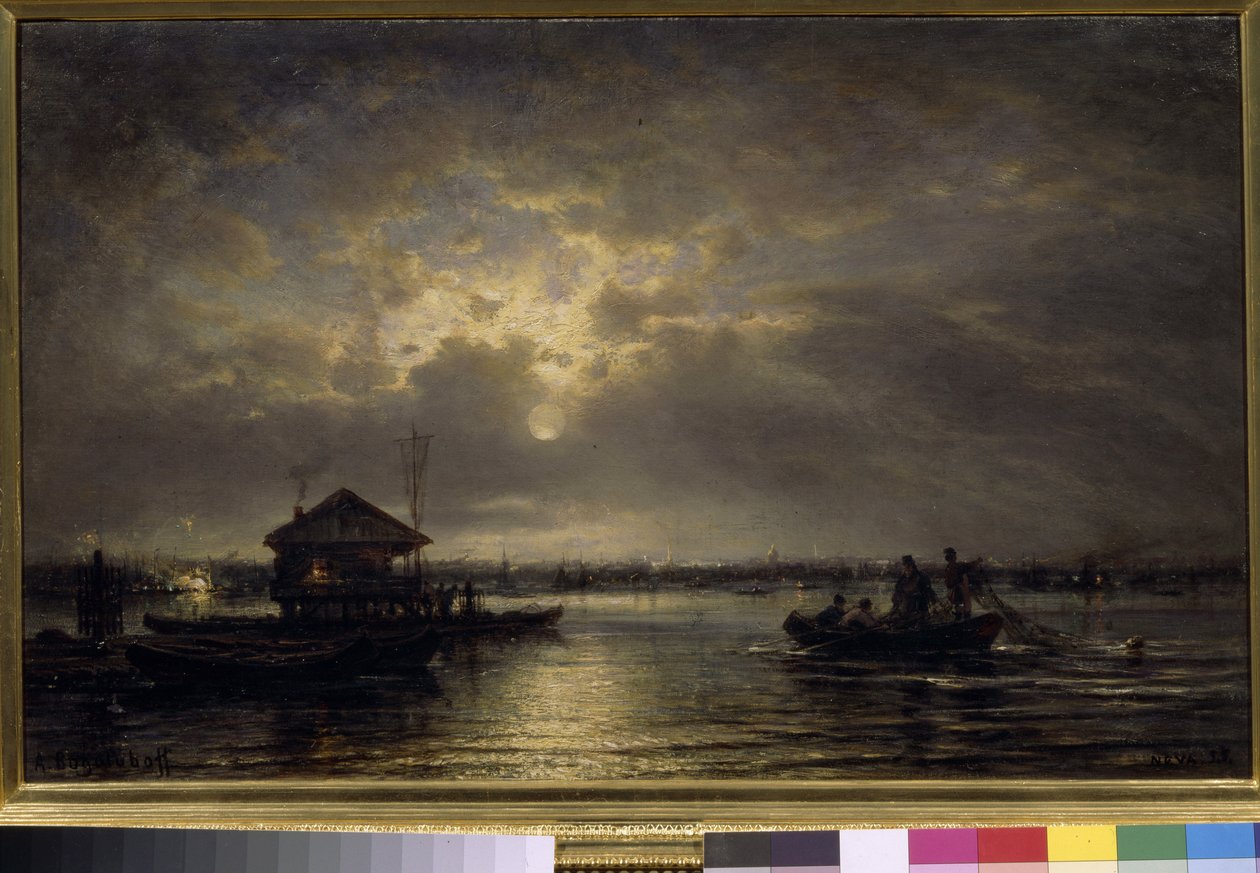 "" रूस में नेवा पर ग्रीष्मकालीन रात "" (नेवा पर गर्मी की रात) एलेक्सी बोगोलीउबोव (बोगोलीबॉव) द्वारा पेंटिंग (1824-1896) कैनवास पर तेल 1875 मंद 48x73.5 सेमी स्टेट ट्रेटीकोव गैलरी, मॉस्को द्वारा अलेक्सी पेट्रोविच बोगोलीबोव