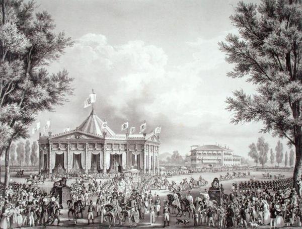 फर्डिनेंड I (1793-1875) के राज्याभिषेक के अवसर के लिए मंडप से गुजरने वाला जुलूस द्वारा एलेसेंड्रो (बाद में) Sanquirico