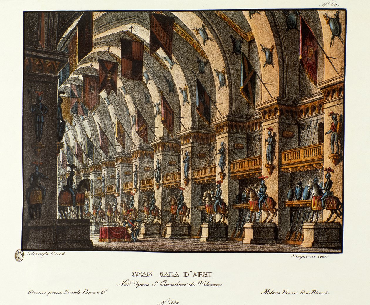 Giovanni Pacini (कलर लिथो) द्वारा ओपेरा 'I Cavalieri di Valenza' के लिए Gran Sala D'Armi, सेट डिज़ाइन द्वारा एलेसेंड्रो सैनकिरिको