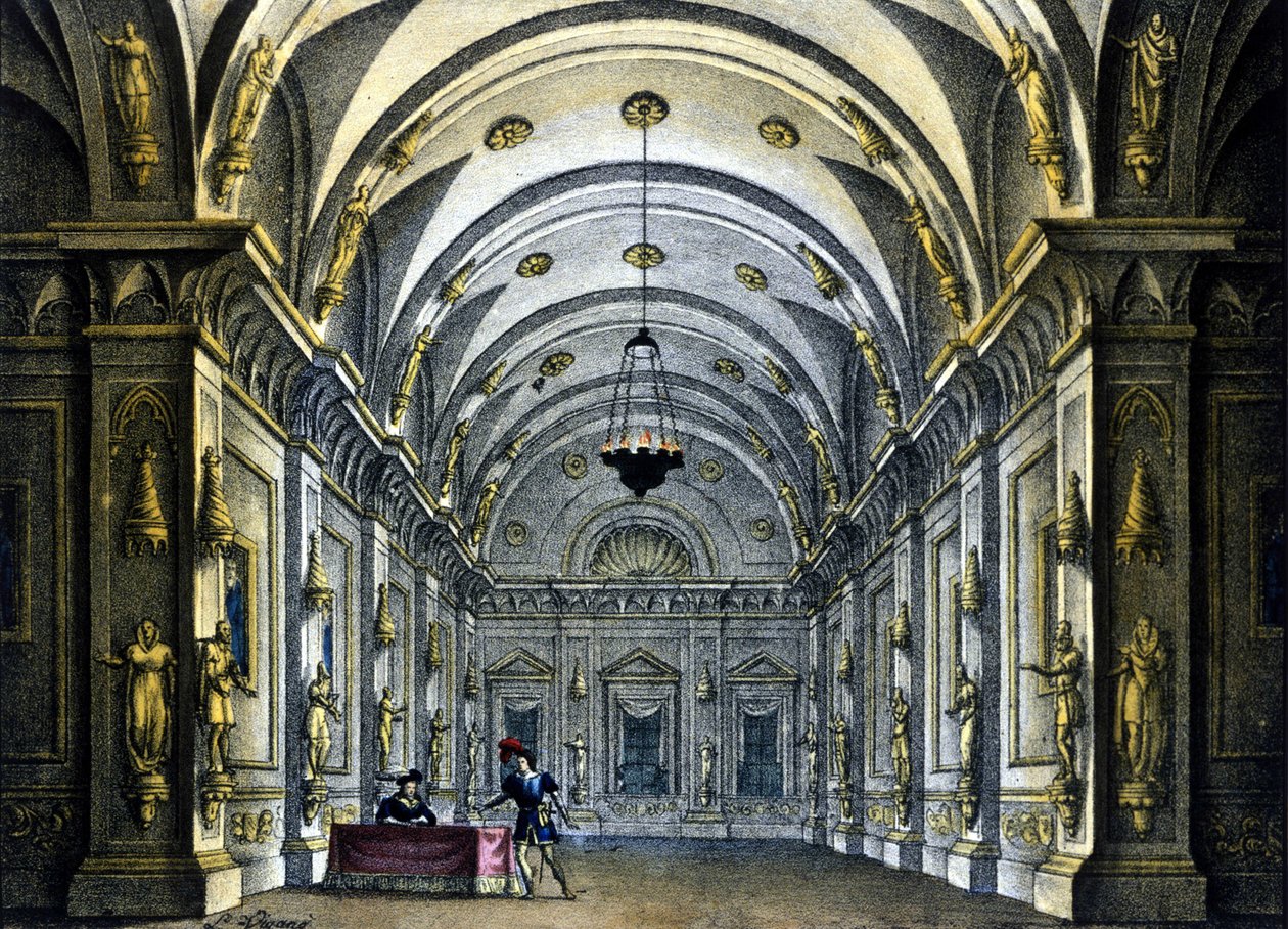 गेटानो डोनिज़ेट्टी (1797-1848) द्वारा ओपेरा "अन्ना बोलेना" के लिए सैनक्विरिको की दृश्यता मिलान में टीट्रो कारकैनो में प्रस्तुत की गई द्वारा एलेसेंड्रो सैनकिरिको