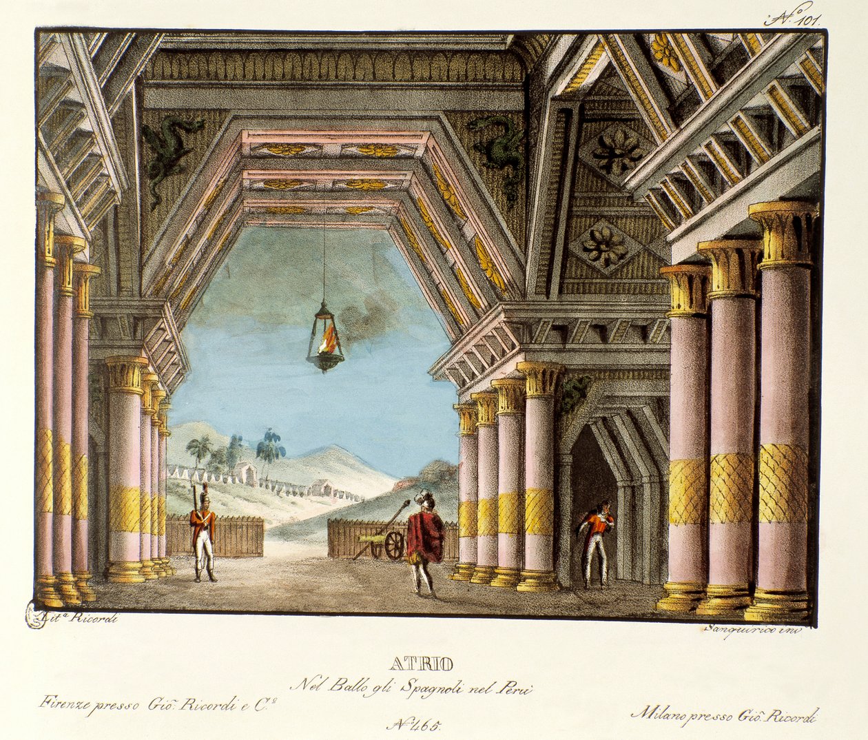 इतालवी कोरियोग्राफर गियोवन्नी गैल्ज़रानी (1780-1865) (1828) द्वारा बैले "" द स्पैनियार्ड्स इन पेरू "" के लिए एक बड़े महल के कमरे का दृश्य। एलेसेंड्रो सैनक्विरिको (1777-1849) द्वारा 1830 के दर्शनीय आविष्कारों का संग्रह "" में ल द्वारा एलेसेंड्रो सैनकिरिको