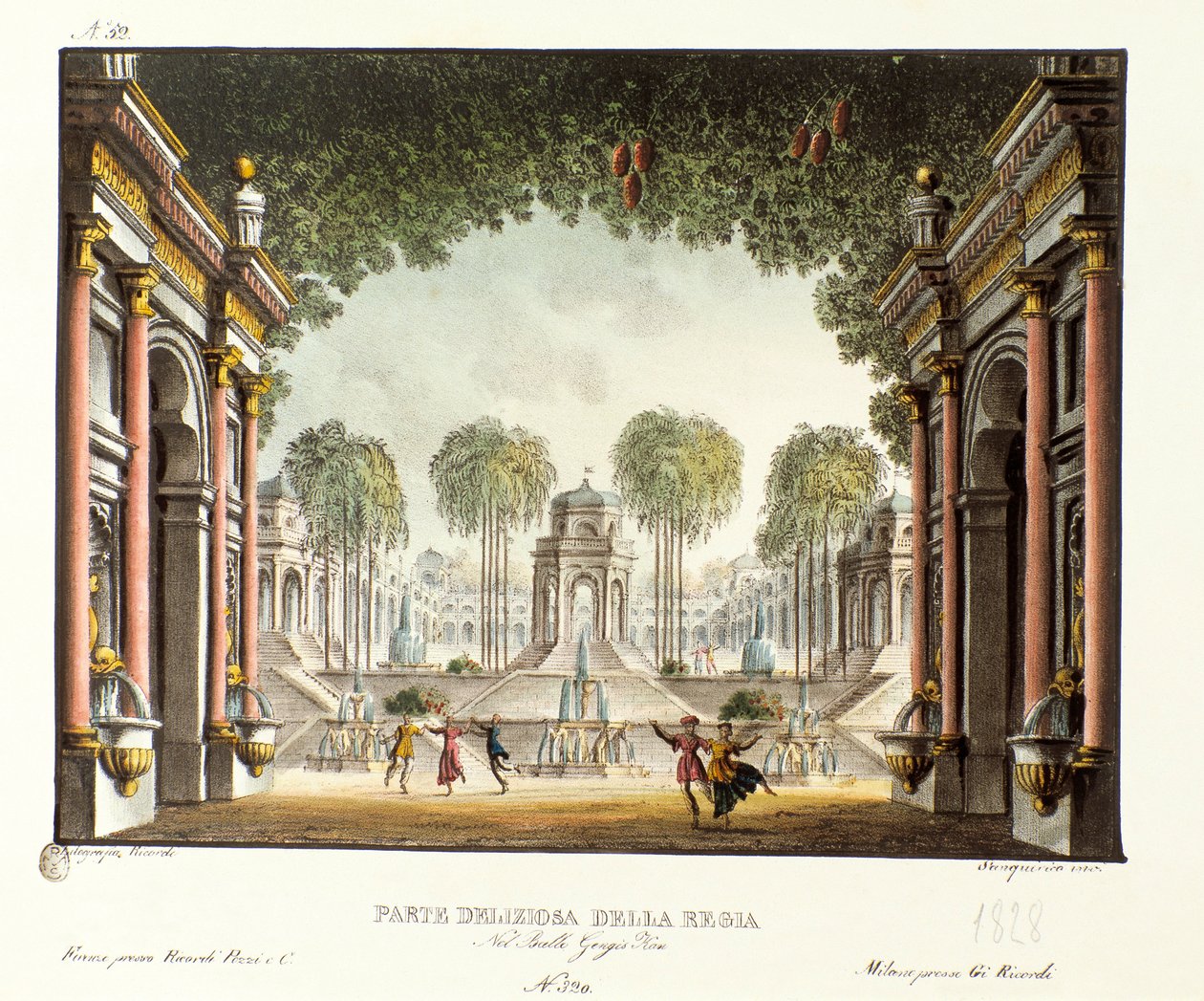 इतालवी कोरियोग्राफर गियोवन्नी गैल्ज़रानी (1780-1865) (1828) द्वारा बैले "" जेनिस-कान "" के लिए चंगेज खान के महल के शाही दरबार का दृश्य। एलेसेंड्रो सैनक्विरिको (1777-1849) द्वारा 1830 के दर्शनीय आविष्कारों का संग्रह "" में लिथो द्वारा एलेसेंड्रो सैनकिरिको