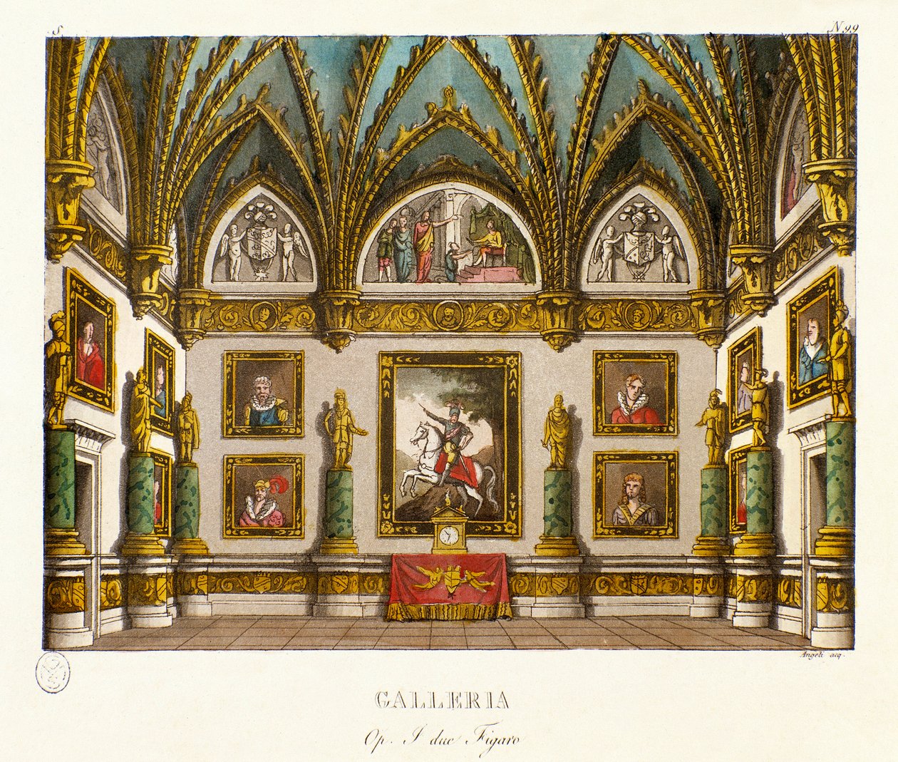 इतालवी संगीतकार ग्यूसेप सेवरियो रैफेल मर्काडेंट (1795-1870) द्वारा ओपेरा "" आई ड्यू फिगारो "" के लिए चित्रों की गैलरी की सजावट का दृश्य, "" दो फिगारो या कॉमेडी का विषय "" (1794) के बाद ) ऑनर फ्रेंकोइस रिचौडी द्वारा द्वारा एलेसेंड्रो सैनकिरिको