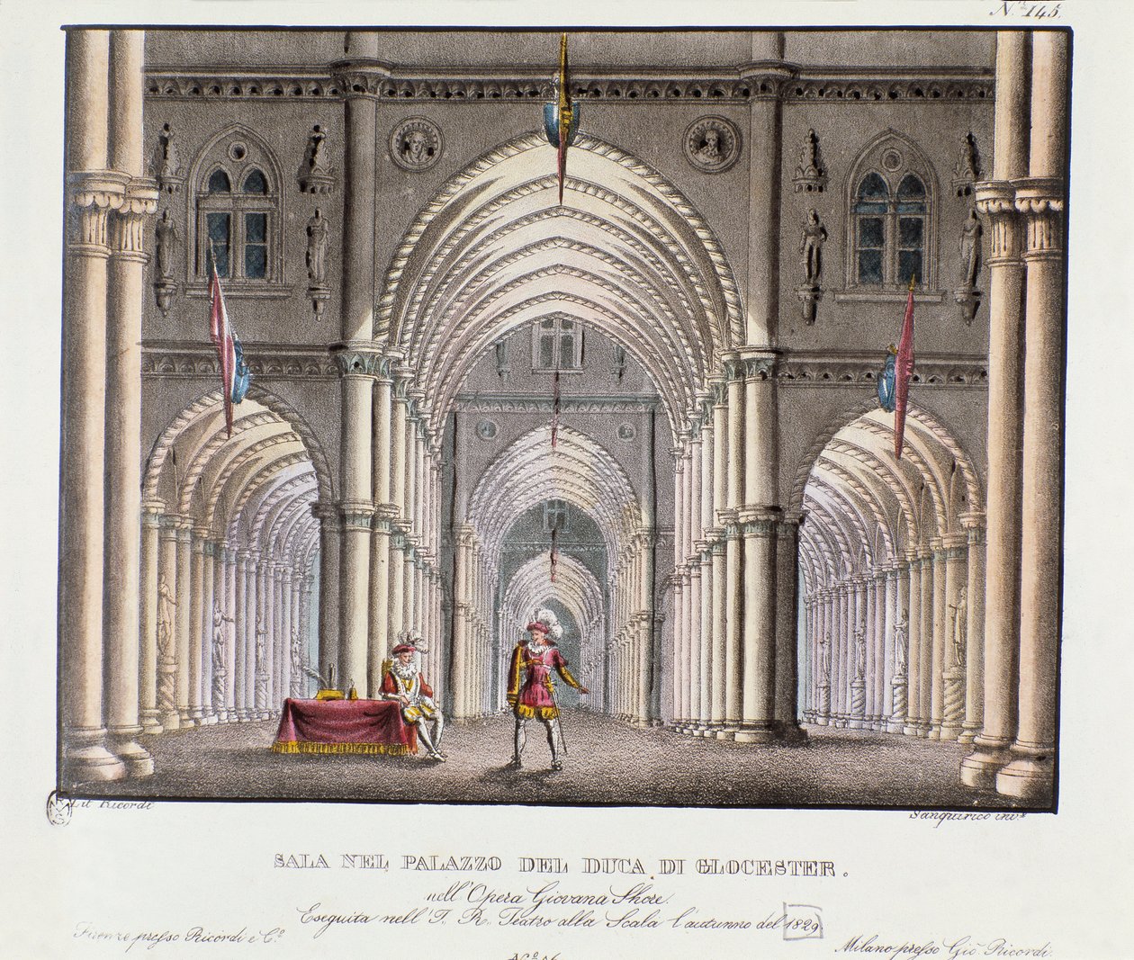 कार्लो पोंटी (1829) द्वारा ओपेरा "जियोवन्ना शोर" (जीन शोर) के प्रतिनिधित्व के लिए ड्यूक ऑफ ग्लूसेस्टर परिदृश्य के महल के हॉल का दृश्य। एलेसेंड्रो सैनक्विरिको (1777-1849) द्वारा "" 1830 के दर्शनीय आविष्कारों का संग्रह में लिथोग्राफी &quo द्वारा एलेसेंड्रो सैनकिरिको