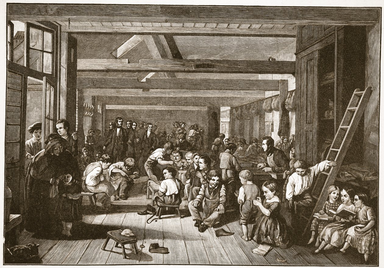 लॉर्ड शैफ्ट्सबरी की वेस्टमिंस्टर रैग्ड स्कूल ऑफ़ इंडस्ट्री में यात्रा, HDM स्पेंस-जोन्स, पब द्वारा &39;द चर्च ऑफ़ इंग्लैंड: ए हिस्ट्री फॉर द पीपल&39; से चित्रण। c.1910 (सीपिया फोटो) द्वारा अलेक्जेंडर ब्लाकली