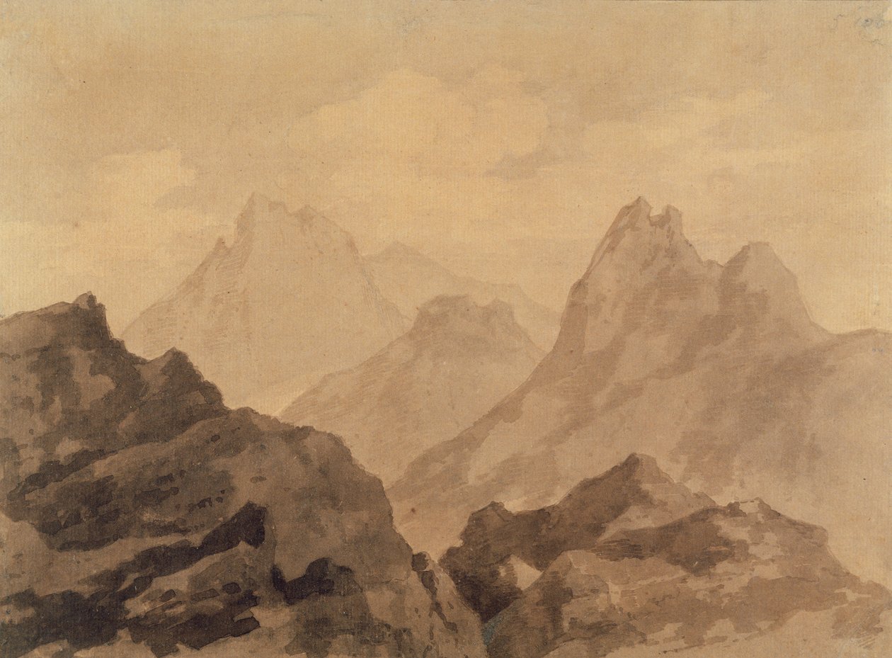 माउंटेन टॉप्स (ए माउंटेन स्टडी), c.1780 (पेपर पर ब्राउन और ग्रे वॉश के साथ ग्रेफाइट) द्वारा अलेक्जेंडर कोज़ेंस