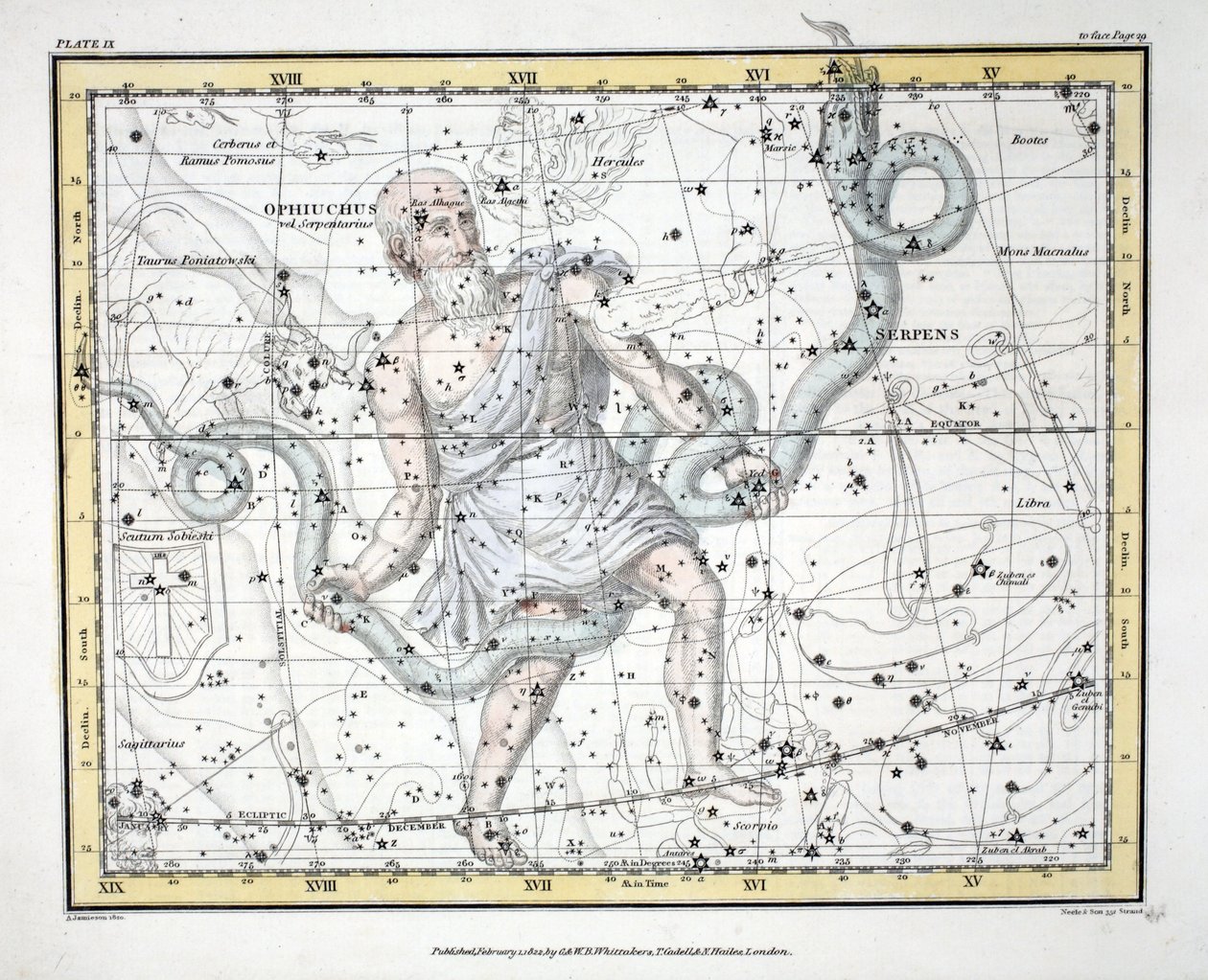 अलेक्जेंडर Jamieson, पब द्वारा &39;ए सेलेस्टियल एटलस&39; से नक्षत्र (प्लेट IX) ओल्फिचस या सर्पोरियस और सर्पेंस लंदन 1822 (हाथ के रंग का उत्कीर्णन) द्वारा अलेक्जेंडर जैमीसन