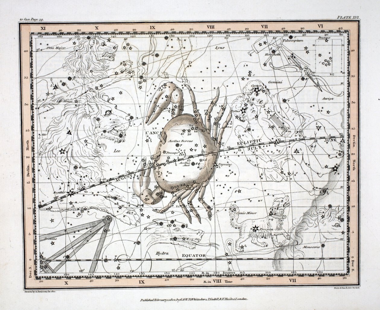 अलेक्जेंडर Jamieson, पब द्वारा &39;एक दिव्य एटलस&39; से नक्षत्र (प्लेट XVI) कैंसर। लंदन 1822 (हाथ के रंग का उत्कीर्णन) द्वारा अलेक्जेंडर जैमीसन