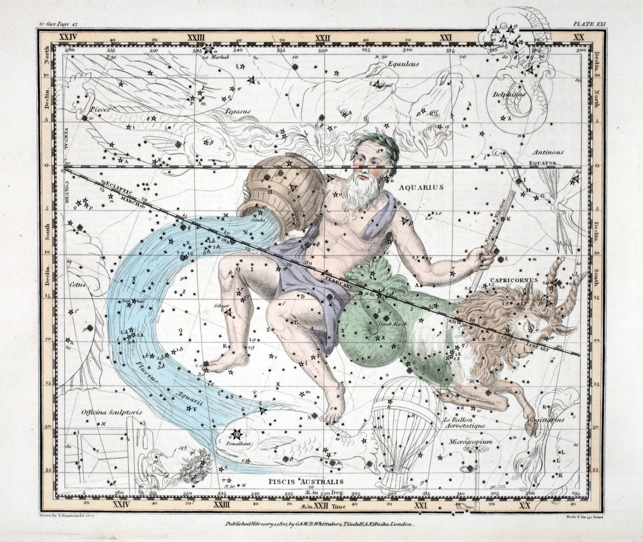 अलेक्जेंडर Jamieson, पब द्वारा &39;एक दिव्य एटलस&39; से नक्षत्र (प्लेट XXI) मकर और कुंभ राशि। लंदन 1822 (हाथ के रंग का उत्कीर्णन) द्वारा अलेक्जेंडर जैमीसन