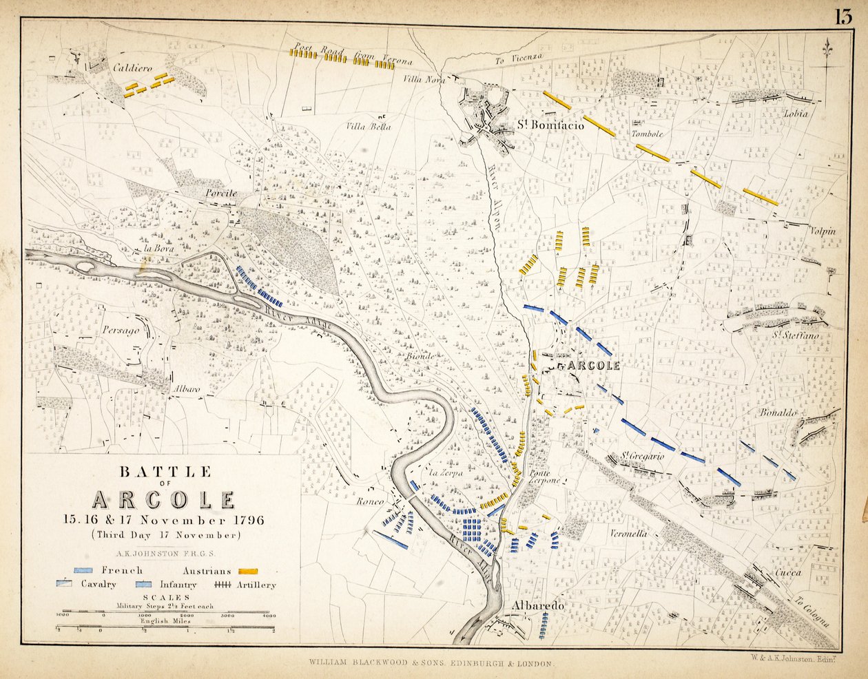 विलियम ब्लैकवुड एंड संस, एडिनबर्ग und लंदन, 1848 द्वारा प्रकाशित आर्कोले की लड़ाई का मानचित्र द्वारा अलेक्जेंडर कीथ जॉनसन